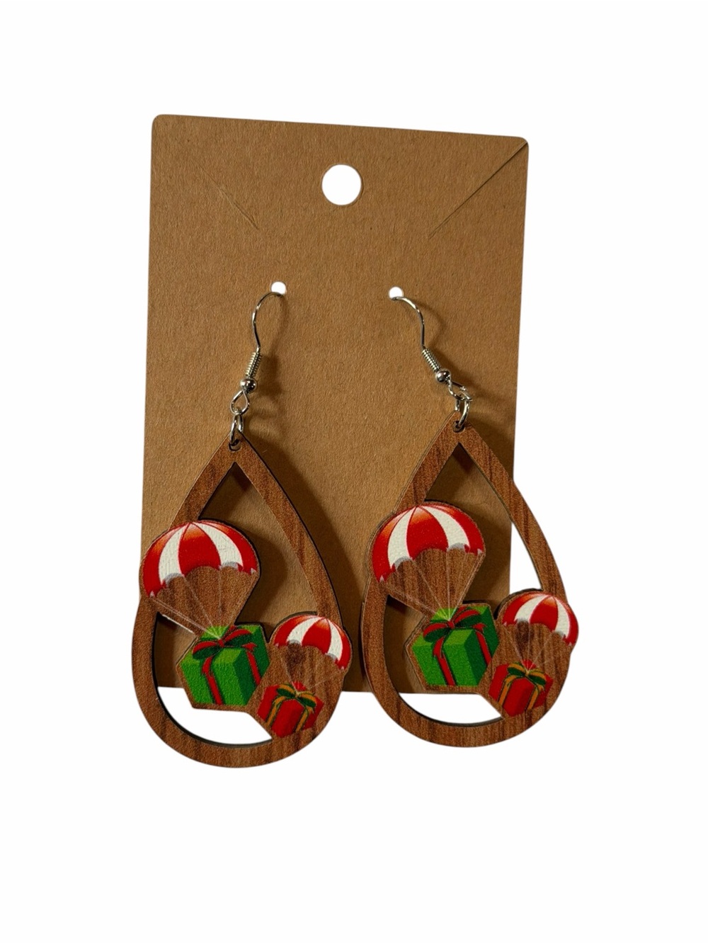 Festive Red & Green Parachute Gift Wooden Teardrop Earrings